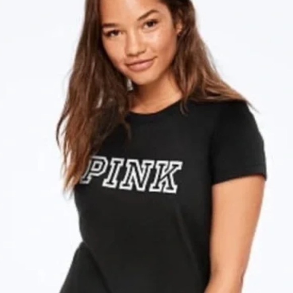 PINK Black T-Shirt with Grey Block Logo Size Medium - Picture 1 of 9